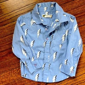 Monica + Andy blue button down with white lightening bolts, boys size 2T